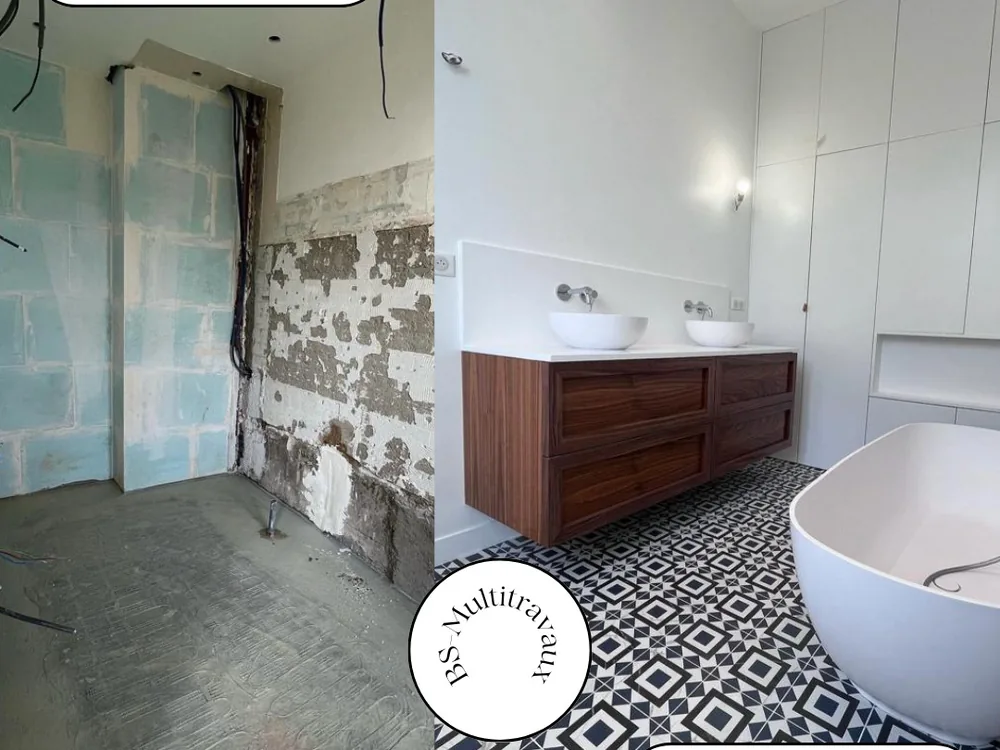 Salle de bain avant et après travaux, murs démolis puis carreaux de ciment et double vasque